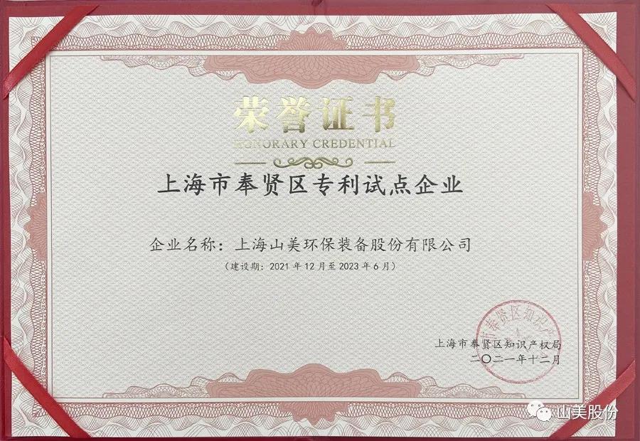 荣誉接踵而至，上海山美股份再获表彰：获评为上海市奉贤区专利试点企业