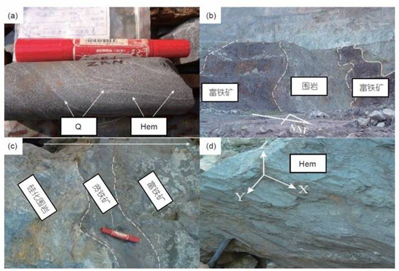 图7 海南石碌铁多金属矿床矿石和显微特征