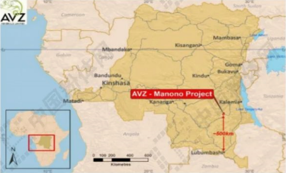 Manono/Kitotolo项目地理位置图。来源：AVZ Minerals 官网，海通国际